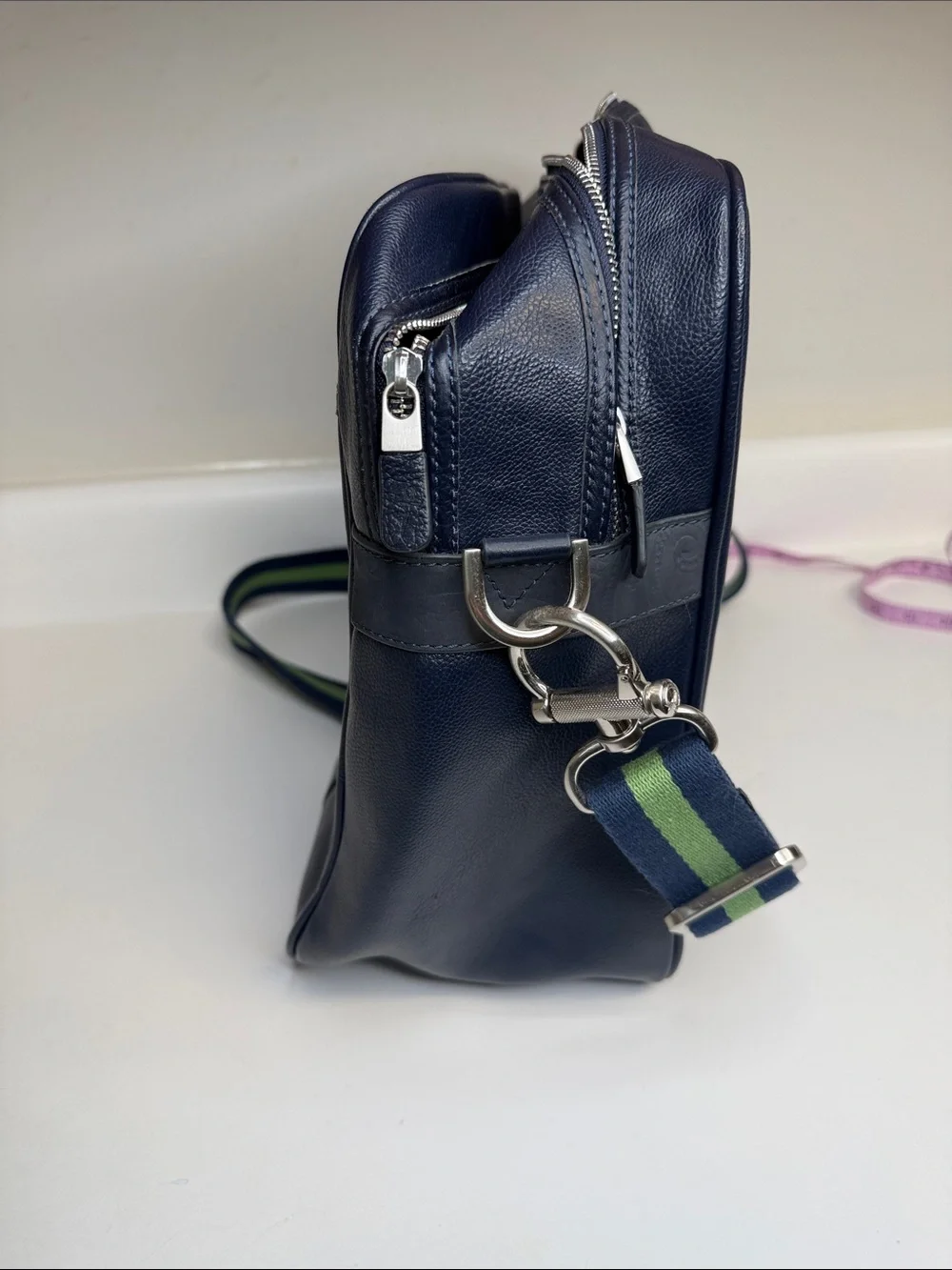 Robert Graham Navy Leather Laptop Bag with Blue and Green Strap